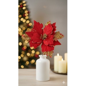 Flor de Natal Artificial Vermelha com Glitter Dourado