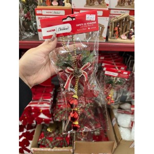 ENFEITE DE NATAL DE PENDURAR COM LAÇO PINHAS E BOLAS VERMELHAS