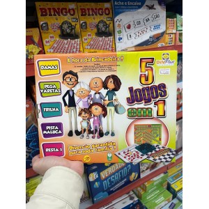 Jogo 5 em 1 – Damas, Trilha, Resta 1, Pega Varetas e Pista Maluca